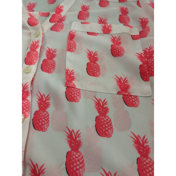 Express Women’s M  White w/ Hot  Pink Pineapples V Neck Roll Tab Button Up Shirt - Picture 4 of 8